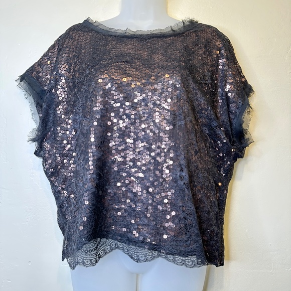 Joie | Addison Caviar Sequin Mesh Lace Cap Sleeves Cropped Fit Glam Boxy Blouse - Picture 2 of 15